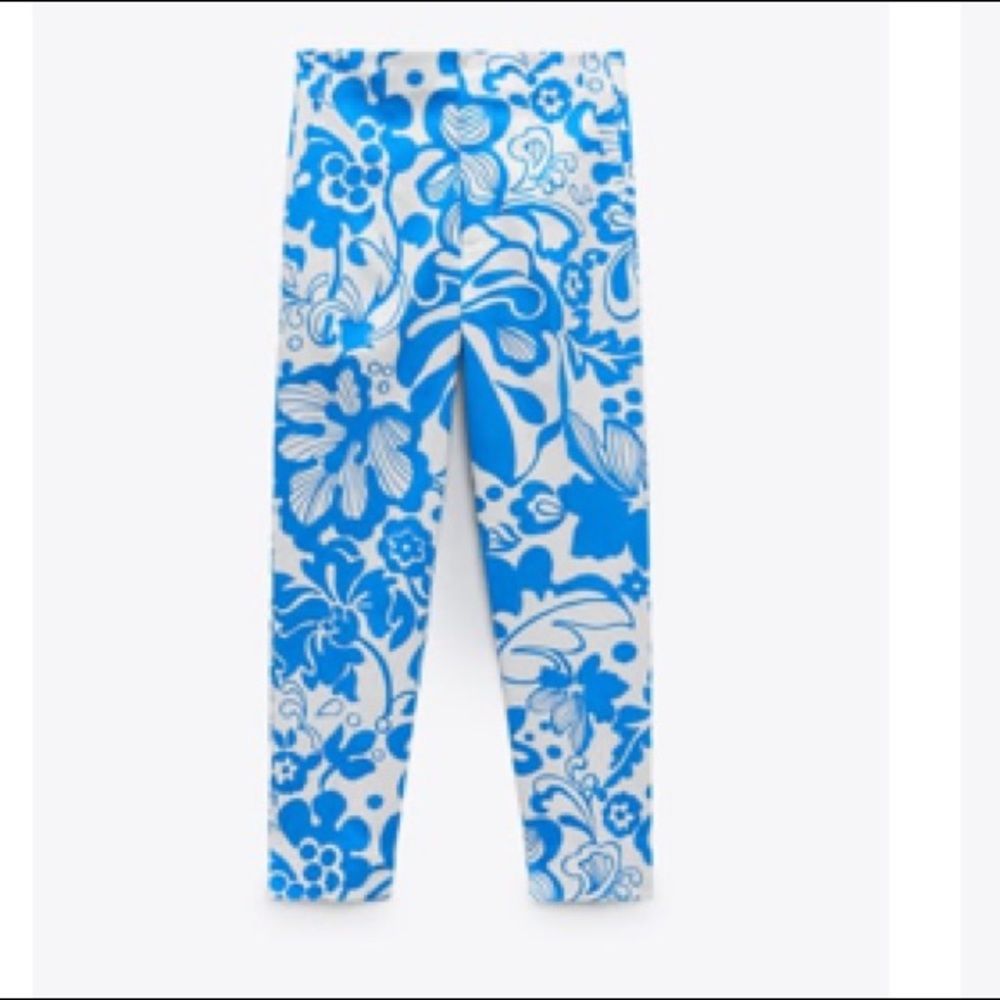Zara white pants blue print straight leg